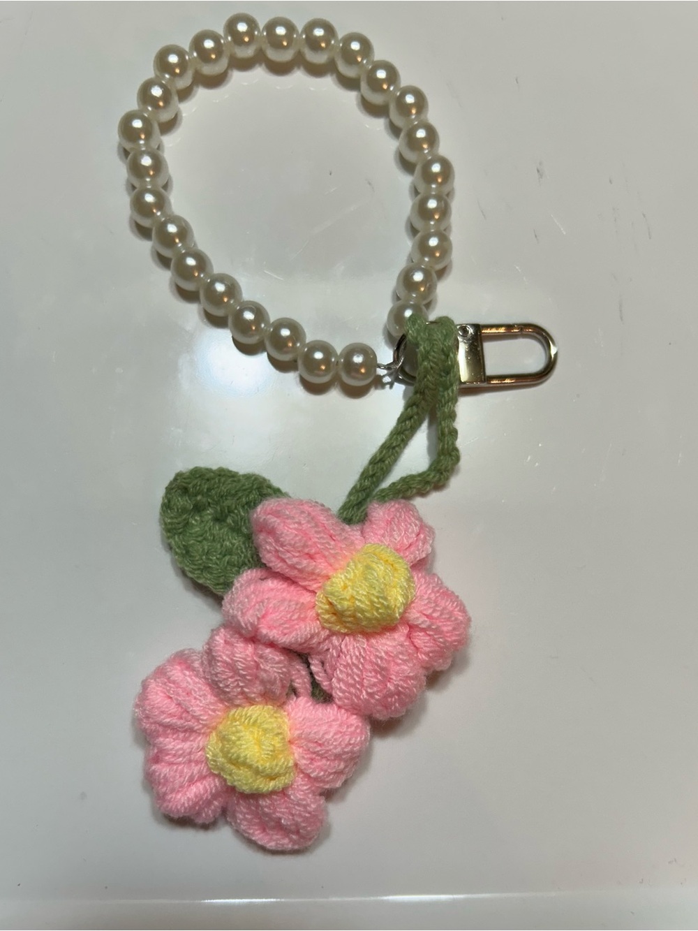 Pearl Wristlet Keychain with Pink Crochet Flower Charm